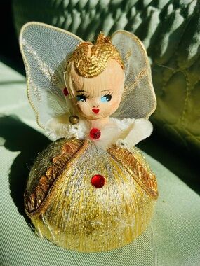 Vintage Gold Christmas Angel Satin Ornament Chenille Made In Japan MCM Kitschy